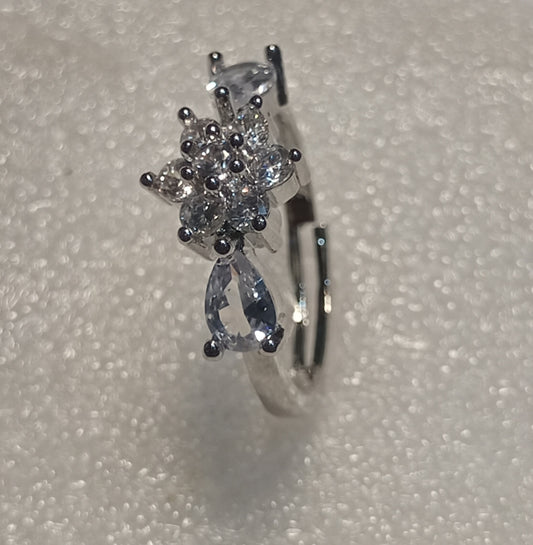 Elegant Silver Zircon Flower Ring with Teardrop Accents