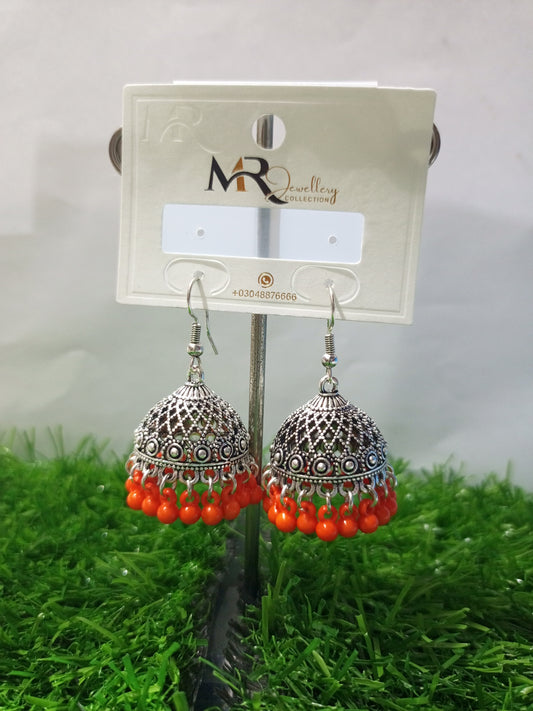 Elegant Oxidized Silver Jhumka Earrings with Orange Beads