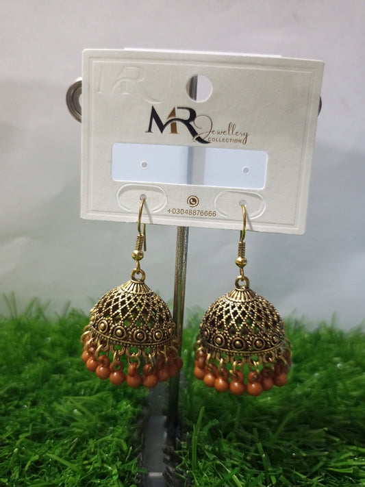 Antique Gold-Plated Jhumka Earrings with Brown Bead Hangings